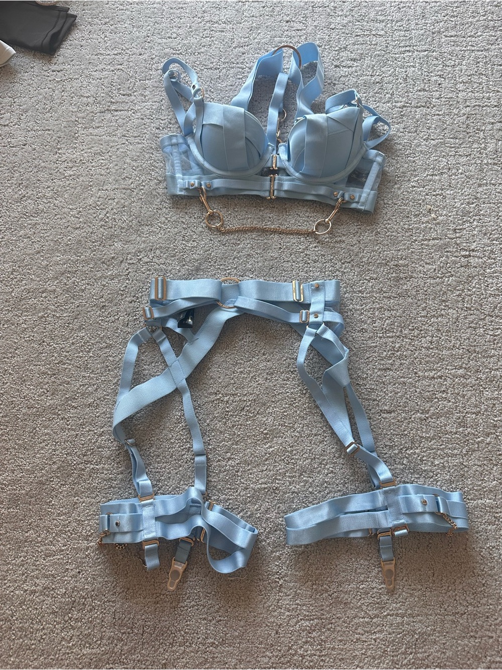 Honey Birdette Powder Blue kukuro bra and Garter Set with Gold Chain